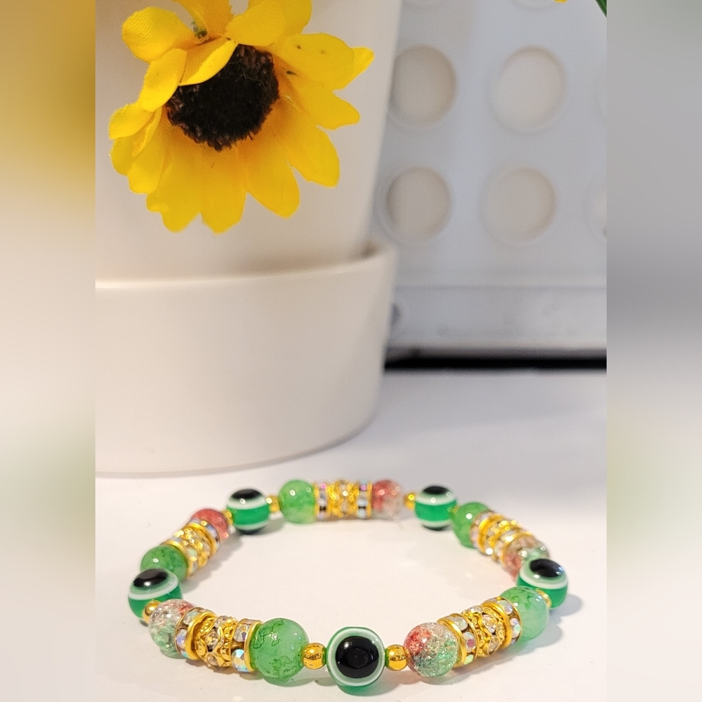 Green and orange Evil Eye Beaded Stretch Protection Mal De Ojo Fashion Bracelet